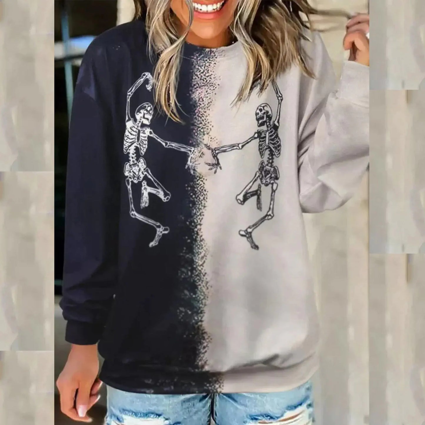 Printed Black and White Skeleton Sweater