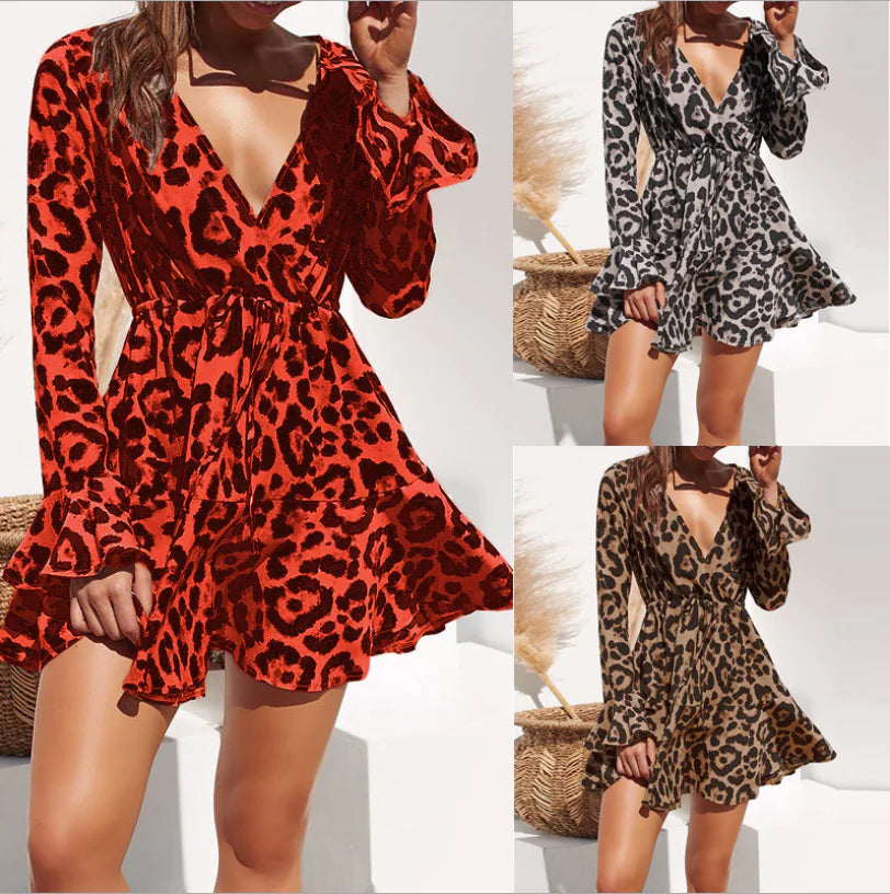 Leopard Print V-Neck High Waist Chiffon Dress